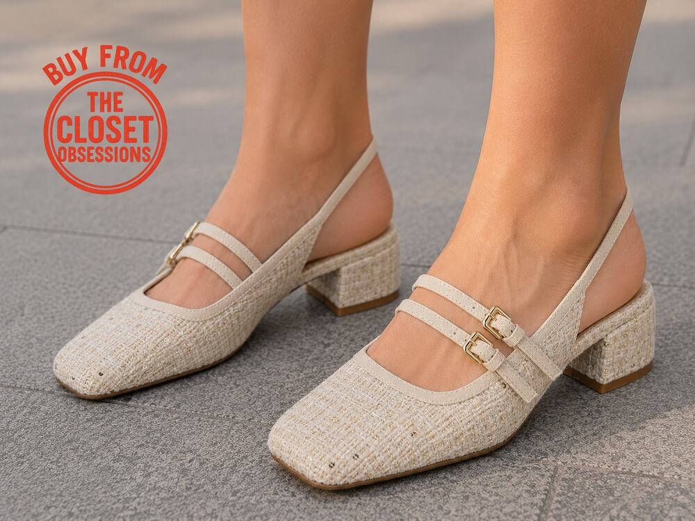 Zara NWT Cream Tweed Mary Jane Slingback Block Heels 7.5